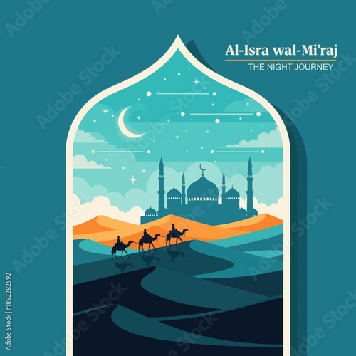 Al Isra wal Mi’raj illustration featuring camel riders crossing desert dunes toward a mosque under a crescent moon night sky. Elegant flat Islamic artwork for religious events, posters, and education.