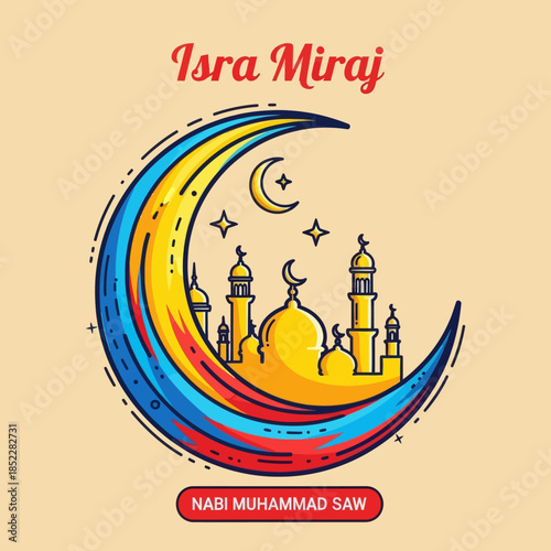 Isra Miraj illustration with crescent moon framing a red mosque, stars, and decorative typography on warm background. Perfect for Islamic holiday posters, greeting cards, and spiritual designs.