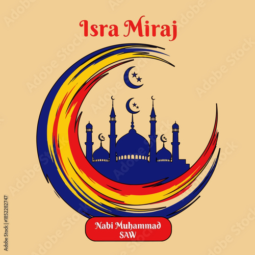 Isra Miraj illustration with crescent moon framing a red mosque, stars, and decorative typography on warm background. Perfect for Islamic holiday posters, greeting cards, and spiritual designs.