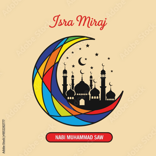 Isra Miraj illustration with crescent moon framing a red mosque, stars, and decorative typography on warm background. Perfect for Islamic holiday posters, greeting cards, and spiritual designs.