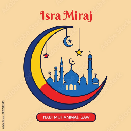 Isra Miraj illustration with crescent moon framing a red mosque, stars, and decorative typography on warm background. Perfect for Islamic holiday posters, greeting cards, and spiritual designs.