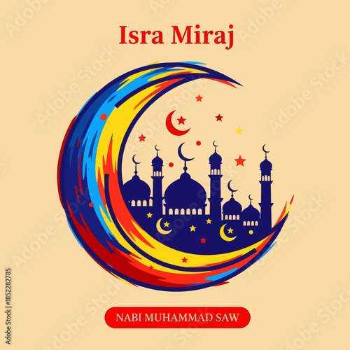 Isra Miraj illustration with crescent moon framing a red mosque, stars, and decorative typography on warm background. Perfect for Islamic holiday posters, greeting cards, and spiritual designs.
