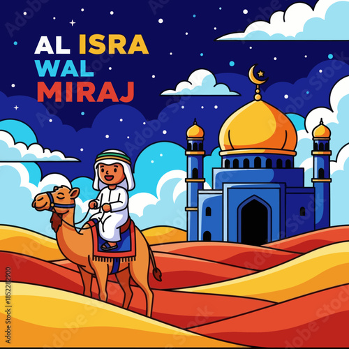 Colorful Al Isra Wal Miraj illustration showing a Muslim boy riding a camel toward a mosque under a starry night sky. Flat cartoon Islamic artwork for education, children, and religious themes.