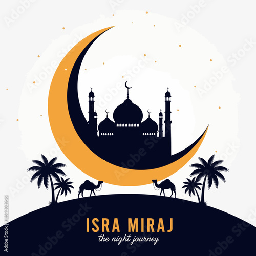 Minimalist Islamic illustration of Isra Miraj Night Journey featuring mosque silhouette inside a crescent moon, desert landscape with camels and palm trees, symbolizing spirituality, faith, and religi