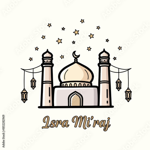 Isra Miraj illustration with elegant mosque, crescent moon, hanging lanterns, and stars on white background. Ideal for Islamic celebration, religious posters, greeting cards, and spiritual designs.