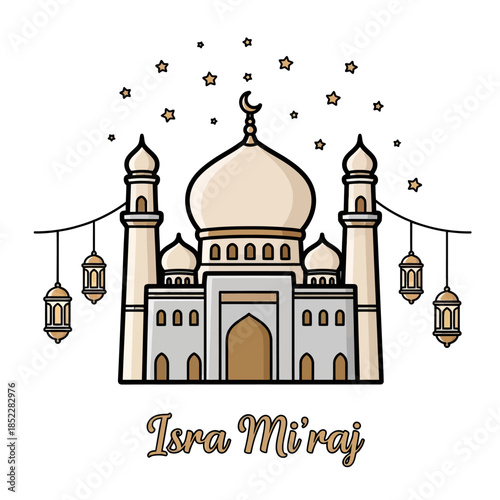 Isra Miraj illustration with elegant mosque, crescent moon, hanging lanterns, and stars on white background. Ideal for Islamic celebration, religious posters, greeting cards, and spiritual designs.