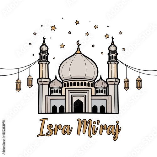 Isra Miraj illustration with elegant mosque, crescent moon, hanging lanterns, and stars on white background. Ideal for Islamic celebration, religious posters, greeting cards, and spiritual designs.