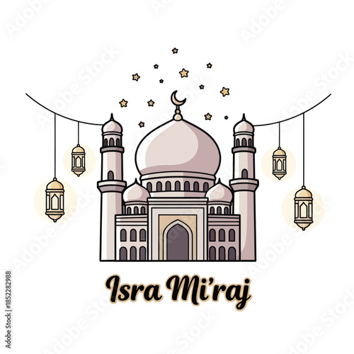 Isra Miraj illustration with elegant mosque, crescent moon, hanging lanterns, and stars on white background. Ideal for Islamic celebration, religious posters, greeting cards, and spiritual designs.