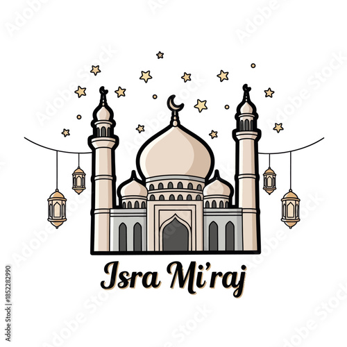 Isra Miraj illustration with elegant mosque, crescent moon, hanging lanterns, and stars on white background. Ideal for Islamic celebration, religious posters, greeting cards, and spiritual designs.