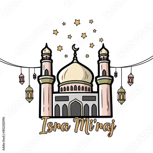 Isra Miraj illustration with elegant mosque, crescent moon, hanging lanterns, and stars on white background. Ideal for Islamic celebration, religious posters, greeting cards, and spiritual designs.