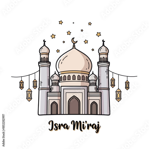 Isra Miraj illustration with elegant mosque, crescent moon, hanging lanterns, and stars on white background. Ideal for Islamic celebration, religious posters, greeting cards, and spiritual designs.