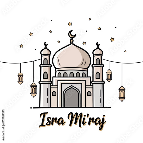Isra Miraj illustration with elegant mosque, crescent moon, hanging lanterns, and stars on white background. Ideal for Islamic celebration, religious posters, greeting cards, and spiritual designs.