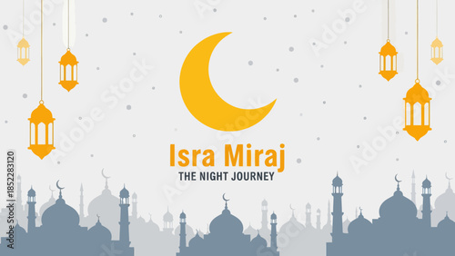 Elegant Isra Miraj illustration featuring a golden crescent moon, hanging lanterns, and mosque silhouettes, symbolizing the Islamic night journey, perfect for religious events, Ramadan, and spiritual 