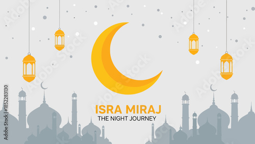 Elegant Isra Miraj illustration featuring a golden crescent moon, hanging lanterns, and mosque silhouettes, symbolizing the Islamic night journey, perfect for religious events, Ramadan, and spiritual 