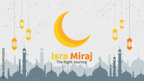 Elegant Isra Miraj illustration featuring a golden crescent moon, hanging lanterns, and mosque silhouettes, symbolizing the Islamic night journey, perfect for religious events, Ramadan, and spiritual 