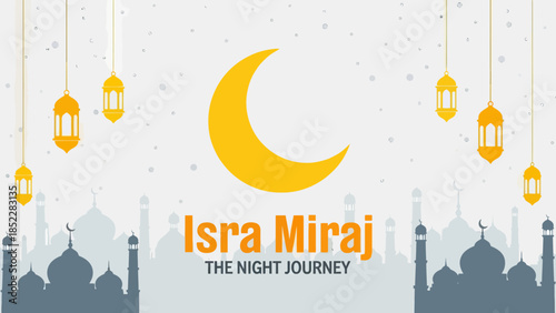 Elegant Isra Miraj illustration featuring a golden crescent moon, hanging lanterns, and mosque silhouettes, symbolizing the Islamic night journey, perfect for religious events, Ramadan, and spiritual 