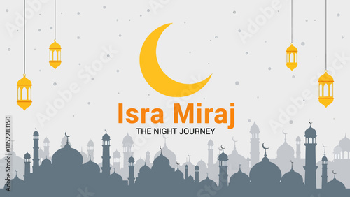Elegant Isra Miraj illustration featuring a golden crescent moon, hanging lanterns, and mosque silhouettes, symbolizing the Islamic night journey, perfect for religious events, Ramadan, and spiritual 