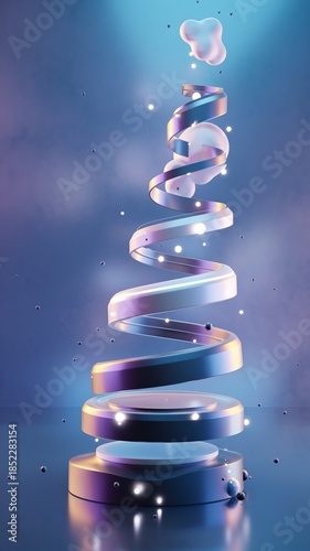Futuristic abstract spiral ribbon ascends above a glowing podium with floating orbs and soft cloud-like shapes against a gradient blue and purple background.