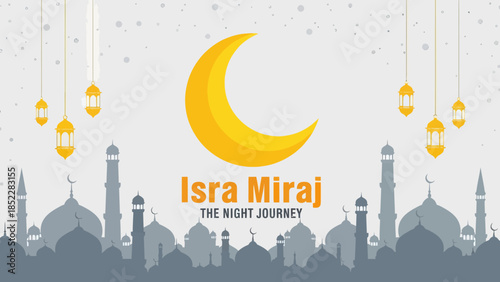 Elegant Isra Miraj illustration featuring a golden crescent moon, hanging lanterns, and mosque silhouettes, symbolizing the Islamic night journey, perfect for religious events, Ramadan, and spiritual 
