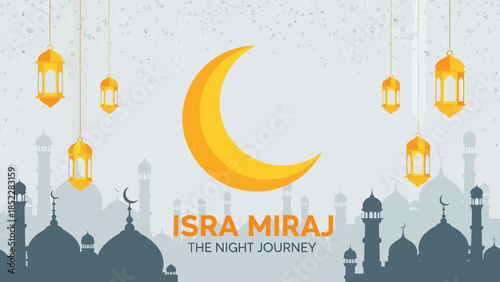 Elegant Isra Miraj illustration featuring a golden crescent moon, hanging lanterns, and mosque silhouettes, symbolizing the Islamic night journey, perfect for religious events, Ramadan, and spiritual 