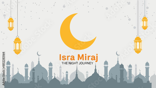 Elegant Isra Miraj illustration featuring a golden crescent moon, hanging lanterns, and mosque silhouettes, symbolizing the Islamic night journey, perfect for religious events, Ramadan, and spiritual 