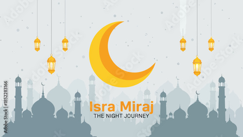 Elegant Isra Miraj illustration featuring a golden crescent moon, hanging lanterns, and mosque silhouettes, symbolizing the Islamic night journey, perfect for religious events, Ramadan, and spiritual 