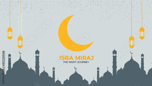 Elegant Isra Miraj illustration featuring a golden crescent moon, hanging lanterns, and mosque silhouettes, symbolizing the Islamic night journey, perfect for religious events, Ramadan, and spiritual 