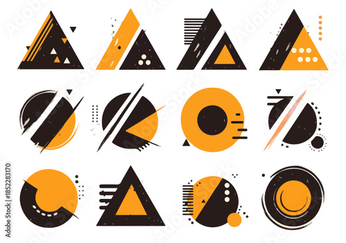 다양한 기하학적 추상 디자인 요소, 투명한 배경에 배치된 삼각형과 원형 패턴