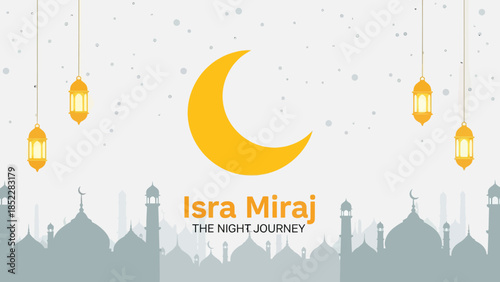 Elegant Isra Miraj illustration featuring a golden crescent moon, hanging lanterns, and mosque silhouettes, symbolizing the Islamic night journey, perfect for religious events, Ramadan, and spiritual 