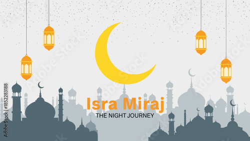 Elegant Isra Miraj illustration featuring a golden crescent moon, hanging lanterns, and mosque silhouettes, symbolizing the Islamic night journey, perfect for religious events, Ramadan, and spiritual 