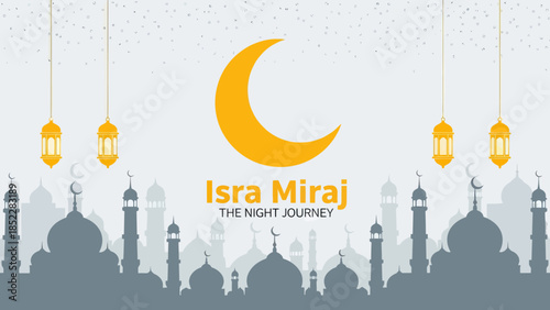 Elegant Isra Miraj illustration featuring a golden crescent moon, hanging lanterns, and mosque silhouettes, symbolizing the Islamic night journey, perfect for religious events, Ramadan, and spiritual 