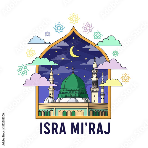Isra Mi'raj illustration with mosque, crescent moon, stars, clouds, and geometric ornaments. Islamic religious background celebrating the Prophet Muhammad’s night journey in a modern flat style.