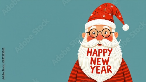 Smiling santa with flowing beard spelling happy new year message