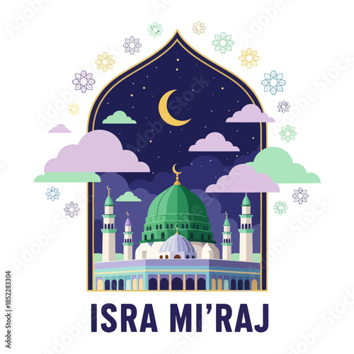 Isra Mi'raj illustration with mosque, crescent moon, stars, clouds, and geometric ornaments. Islamic religious background celebrating the Prophet Muhammad’s night journey in a modern flat style.