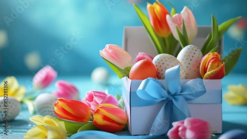 A beautifully presented spring gift box adorned with vibrant tulips and Easter eggs sits on a blue surface. The box is wrapped in white paper and tied with a blue ribbon,