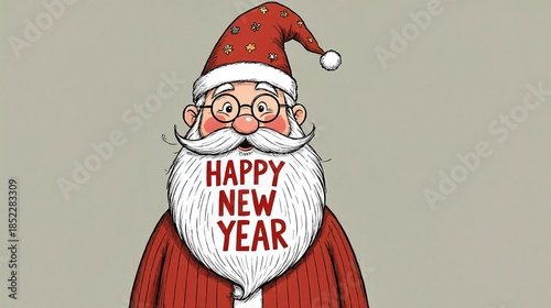 Smiling santa with flowing beard spelling happy new year message