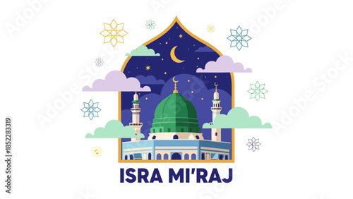 Isra Mi'raj illustration with mosque, crescent moon, stars, clouds, and geometric ornaments. Islamic religious background celebrating the Prophet Muhammad’s night journey in a modern flat style.
