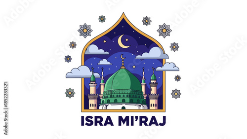 Isra Mi'raj illustration with mosque, crescent moon, stars, clouds, and geometric ornaments. Islamic religious background celebrating the Prophet Muhammad’s night journey in a modern flat style.