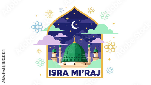 Isra Mi'raj illustration with mosque, crescent moon, stars, clouds, and geometric ornaments. Islamic religious background celebrating the Prophet Muhammad’s night journey in a modern flat style.