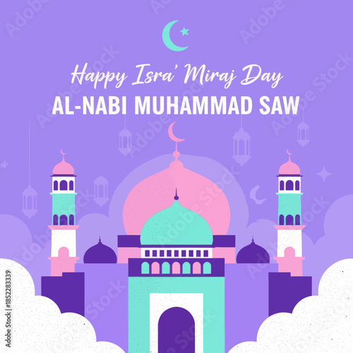 Islamic greeting illustration for Isra’ Mi’raj Day of Prophet Muhammad, featuring a mosque with domes, minarets, lanterns, crescent moon, and starry sky, symbolizing faith and spirituality.
