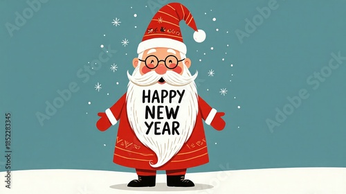 Smiling santa with flowing beard spelling happy new year message