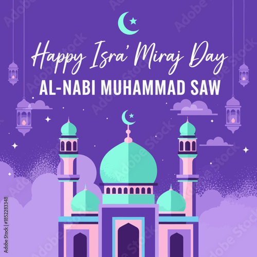 Islamic greeting illustration for Isra’ Mi’raj Day of Prophet Muhammad, featuring a mosque with domes, minarets, lanterns, crescent moon, and starry sky, symbolizing faith and spirituality.