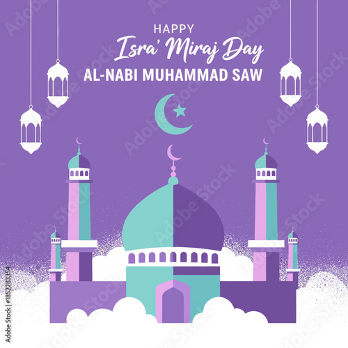 Islamic greeting illustration for Isra’ Mi’raj Day of Prophet Muhammad, featuring a mosque with domes, minarets, lanterns, crescent moon, and starry sky, symbolizing faith and spirituality.