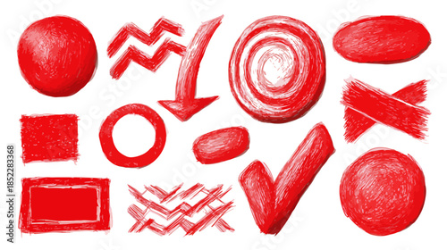 다양한 빨간색 모양과 기호들의 모음. 투명한 배경에 그려진 손그림 스타일 아이콘.