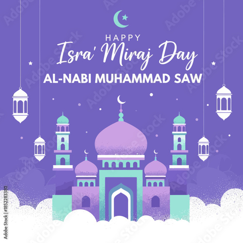 Islamic greeting illustration for Isra’ Mi’raj Day of Prophet Muhammad, featuring a mosque with domes, minarets, lanterns, crescent moon, and starry sky, symbolizing faith and spirituality.