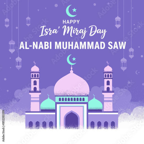Islamic greeting illustration for Isra’ Mi’raj Day of Prophet Muhammad, featuring a mosque with domes, minarets, lanterns, crescent moon, and starry sky, symbolizing faith and spirituality.