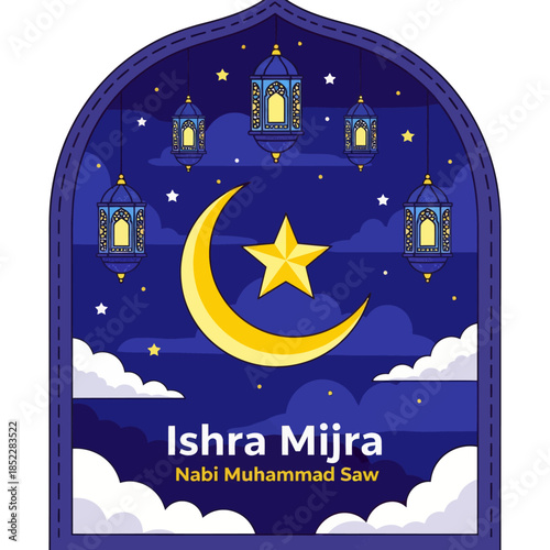 Isra Mi'raj illustration featuring crescent moon, star, hanging lanterns, and night sky. Islamic religious background celebrating the Prophet Muhammad’s night journey for spiritual and holy designs.