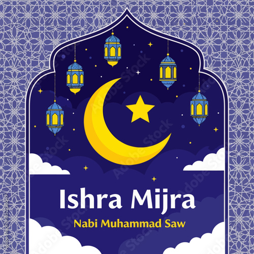 Isra Mi'raj illustration featuring crescent moon, star, hanging lanterns, and night sky. Islamic religious background celebrating the Prophet Muhammad’s night journey for spiritual and holy designs.