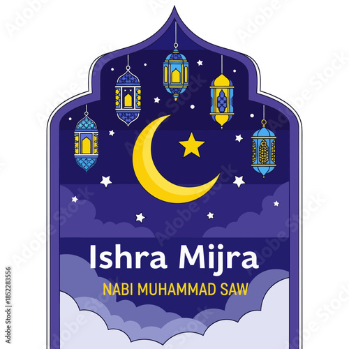 Isra Mi'raj illustration featuring crescent moon, star, hanging lanterns, and night sky. Islamic religious background celebrating the Prophet Muhammad’s night journey for spiritual and holy designs.
