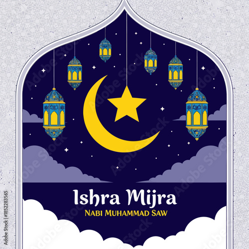Isra Mi'raj illustration featuring crescent moon, star, hanging lanterns, and night sky. Islamic religious background celebrating the Prophet Muhammad’s night journey for spiritual and holy designs.